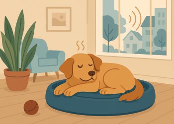 Calm dog resting peacefully on a sofa to illustrate pet relaxation and stress prevention