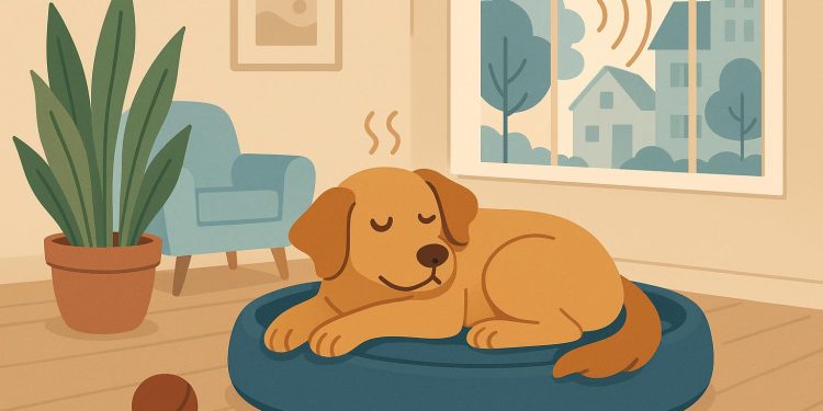 Calm dog resting peacefully on a sofa to illustrate pet relaxation and stress prevention