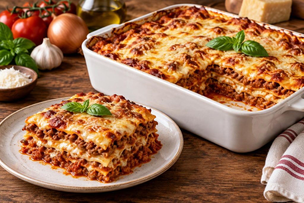 Freshly baked homemade lasagna alla Bolognese with melted cheese and rich tomato sauce