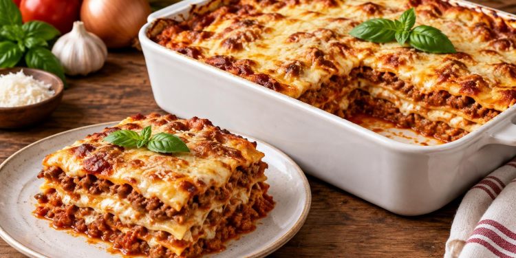 Freshly baked homemade lasagna alla Bolognese with melted cheese and rich tomato sauce